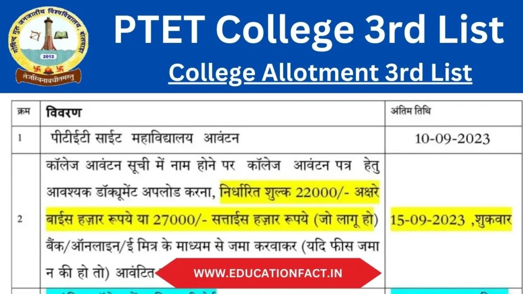 Rajasthan PTET 4th Year Course 3rd Waiting List 2023